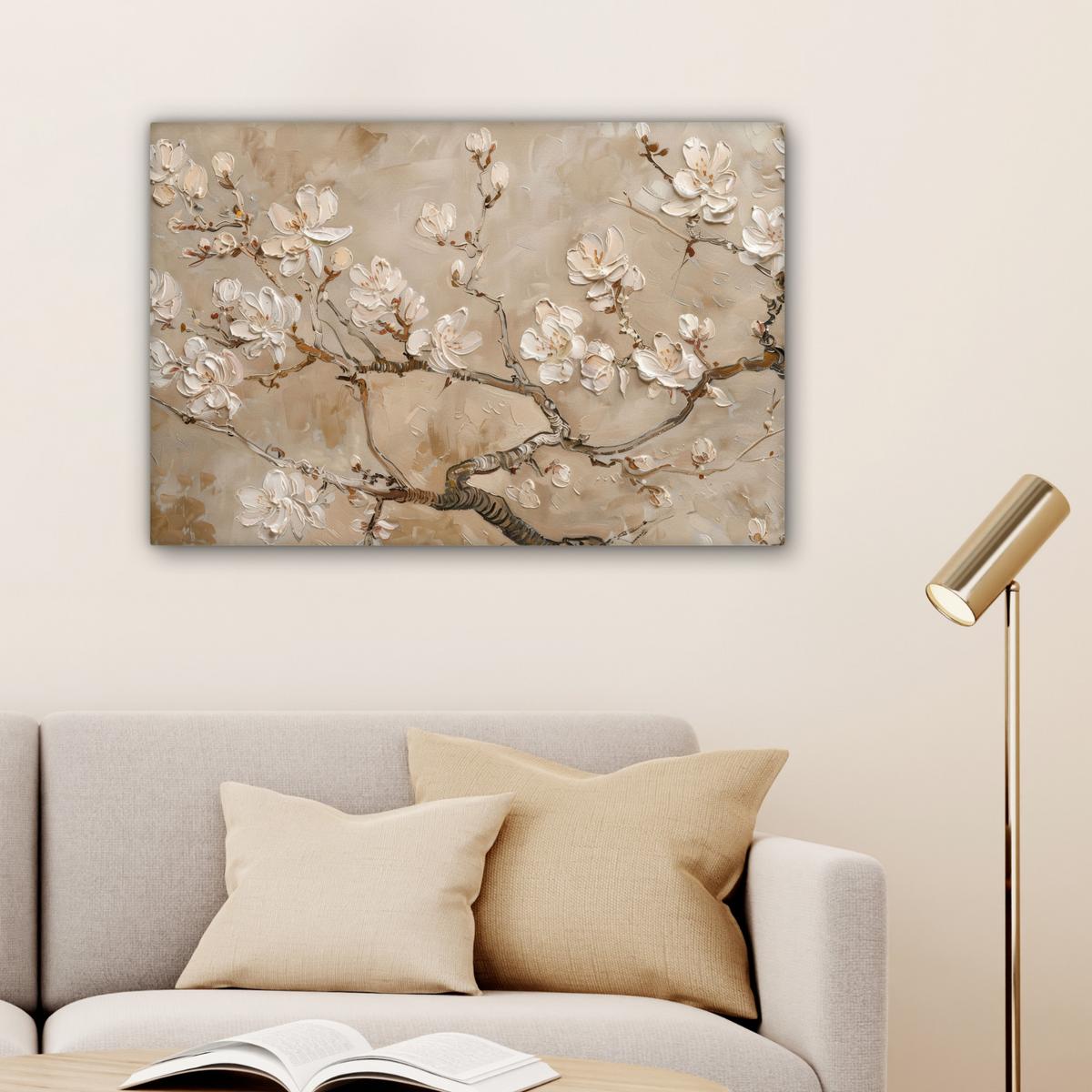 LEINWANDBILD Blumen - Modern - Beige - Weiß - Blüte Gemälde 60x40 cm - Beige, Textil (60/40cm) - MuchoWow