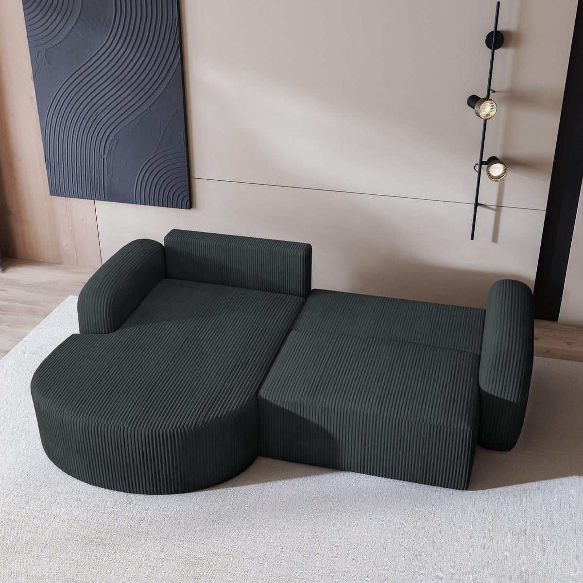 ECKSOFA AMILIA P L-S Graphitfarben Kordstoff mit Schlaffunktion - Graphitfarben, Holz (263/174cm) - MASSENO