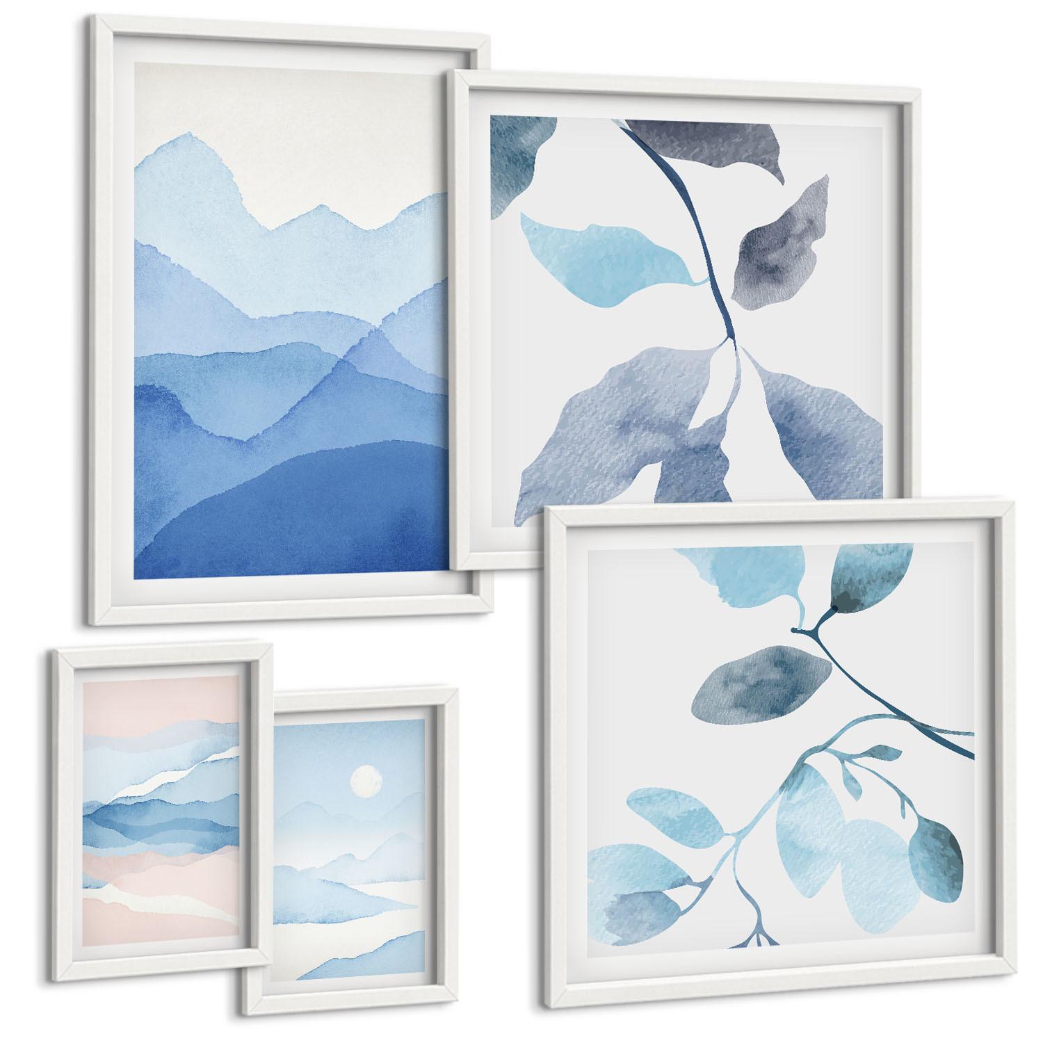 BILDER SET 5er Set - 50x50 cm & 20x30 cm & 40x60 cm Weißer Rahmen - Berglandschaften, Aquarellpflanzen - Weiß, Kunststoff (40/60cm) - TULUP