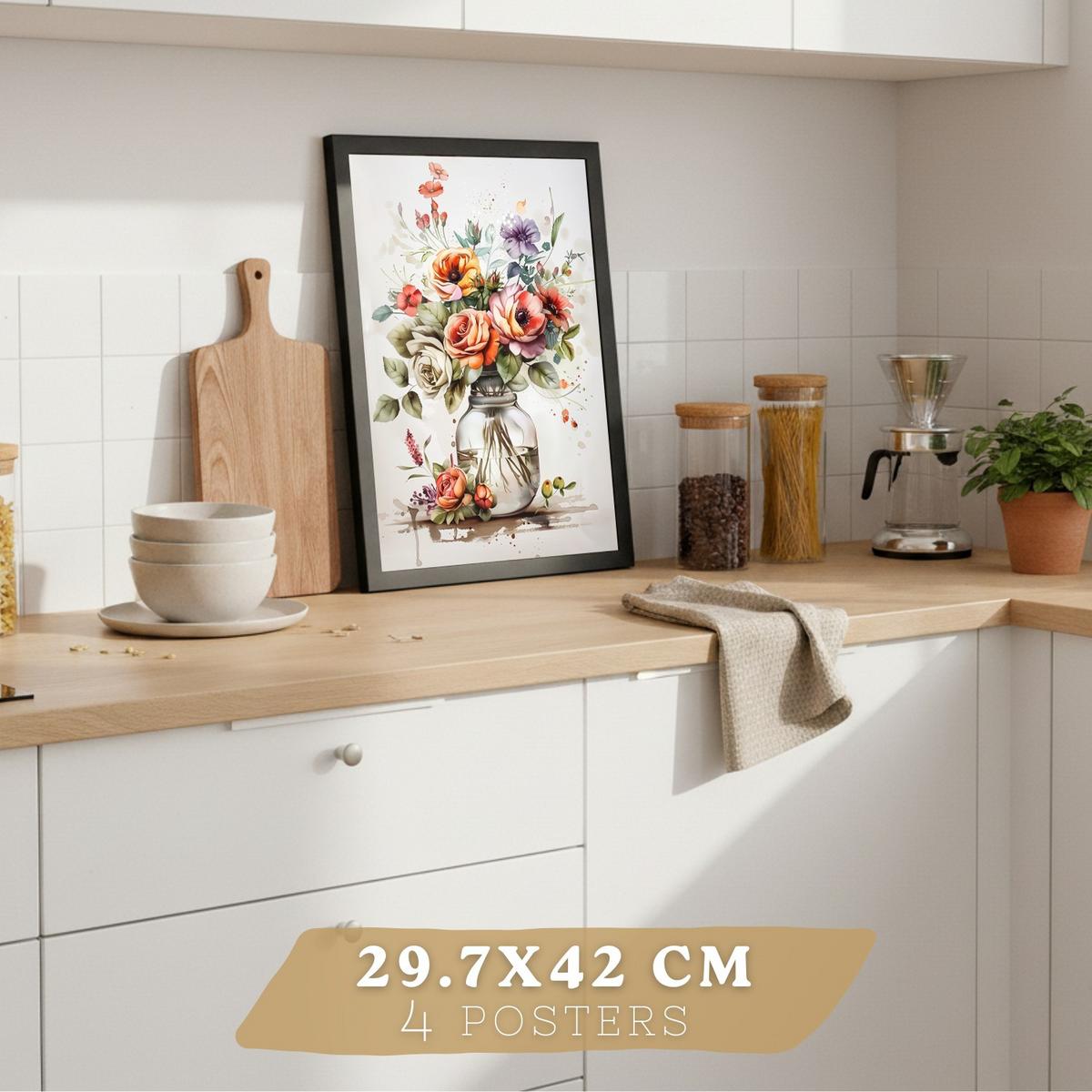 POSTER 4er Set Blumen Küchen-Wandbilder Gießkanne Vase Utensilien Botanisches Aquarell Wohnzimmer Deko Schwarzer Rahmen A4 - Schwarz, Papier (29.7/1/21cm) - Nacnic
