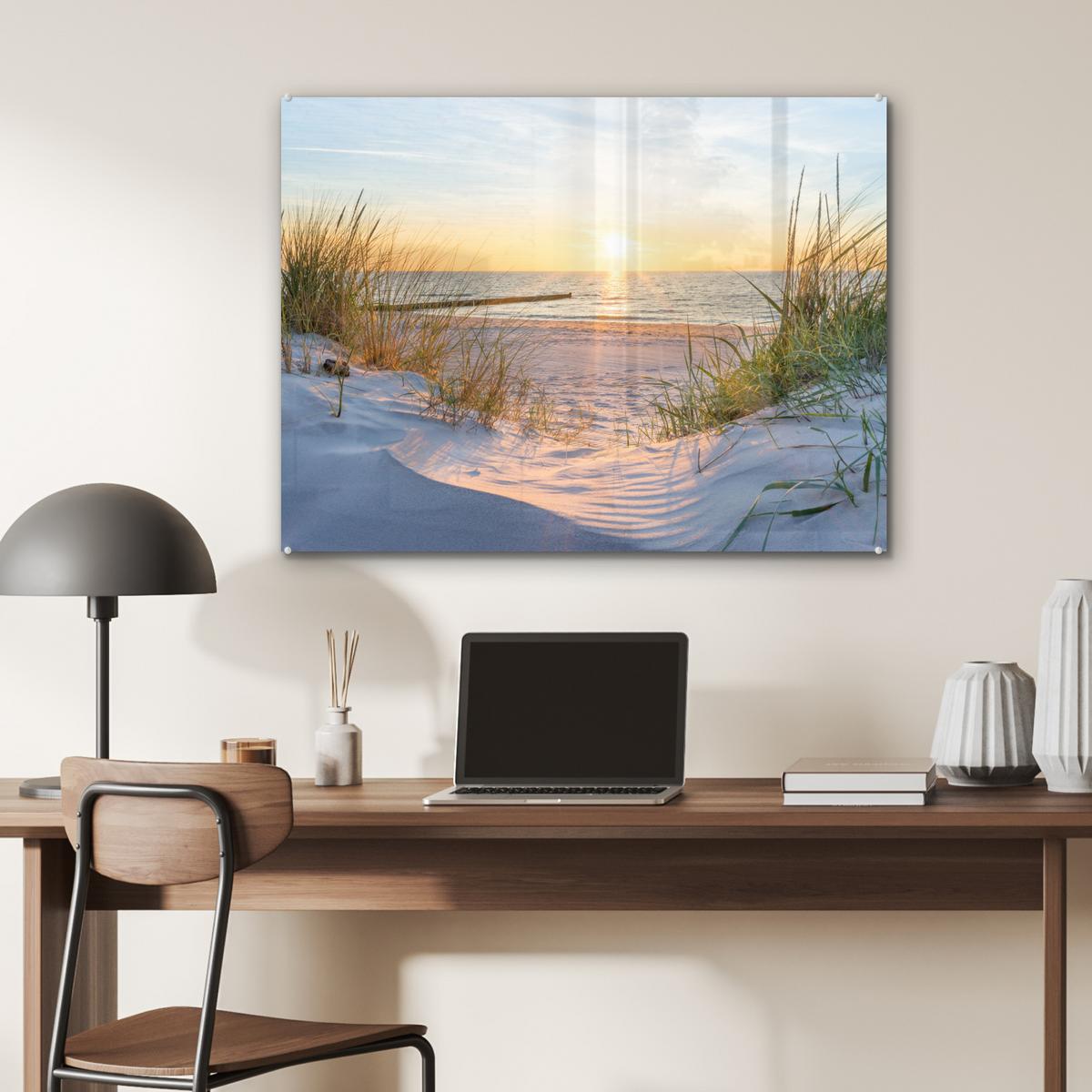 ACRYLGLASBILD Strand - Sonne - Düne - Gras - Sand - Horizont 80x60 cm - Hellblau, Glas (80/60cm) - MuchoWow
