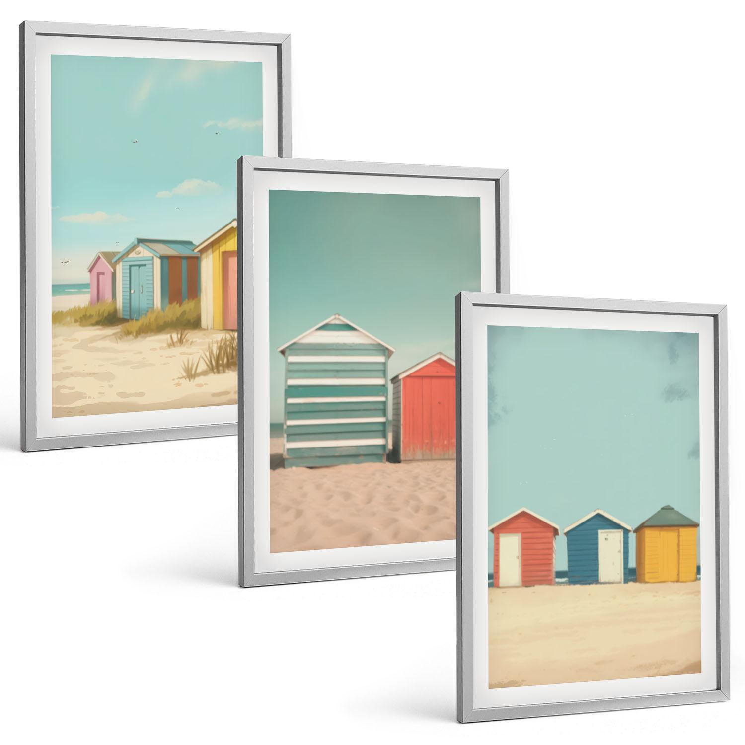 BILDER SET 3er Set - 40x60 cm Silberner Rahmen - Bunte Häuser, Strand, Sonne - Silberfarben, Kunststoff (40/60cm) - TULUP
