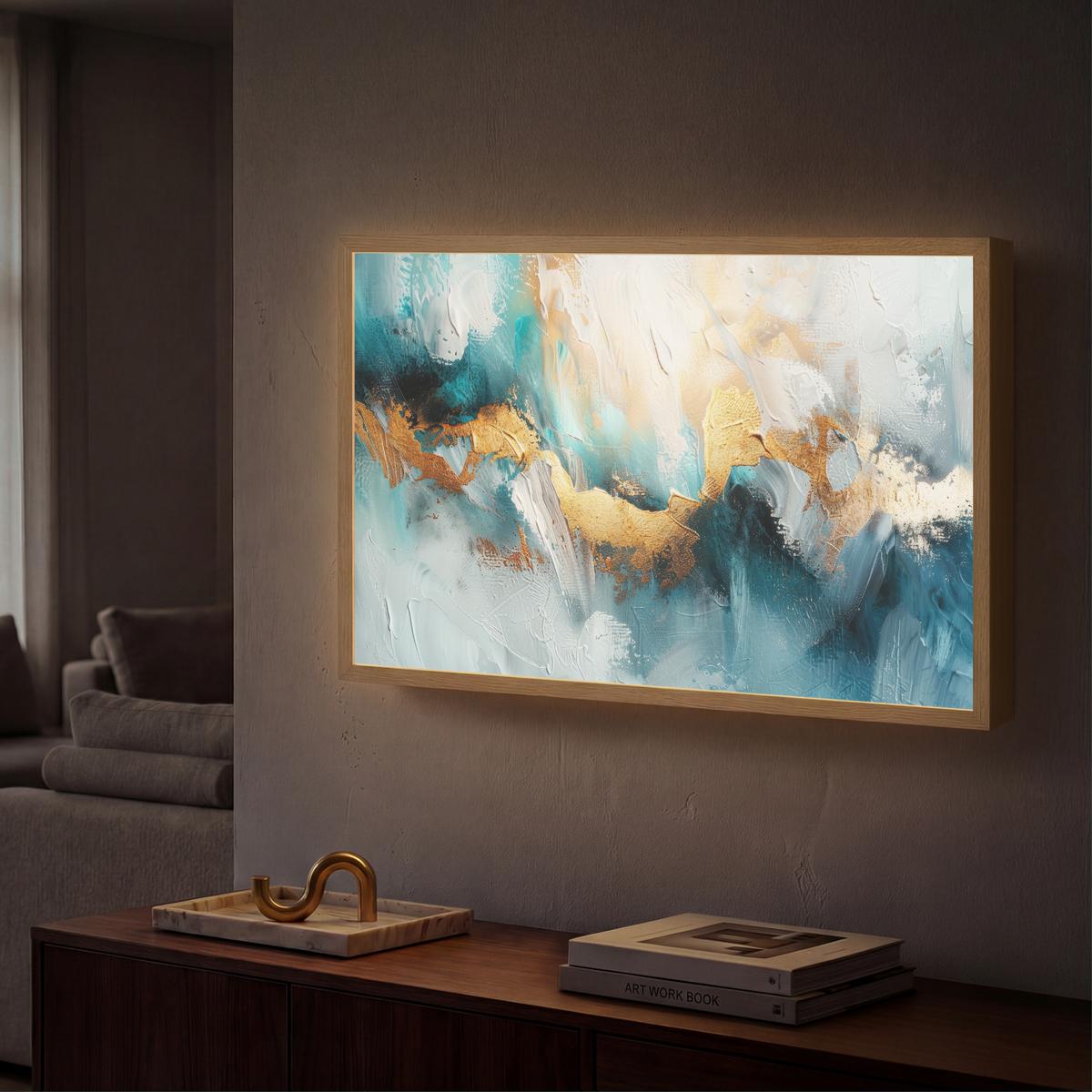WANDLEUCHTE MIT AKKU Abstrakt - Kunst - Gold - Blau 60x40 cm - Türkis, Holzwerkstoff (60/40/8cm) - OnlyWow