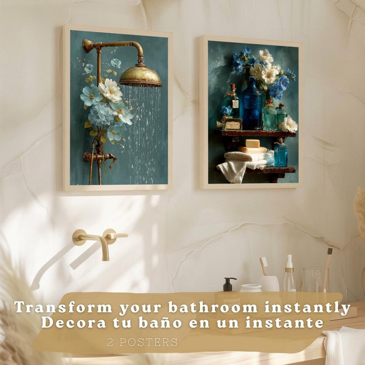 POSTER 2er-Set dekorative Badezimmer-Wandbilder, ästhetische Dusche und WC, moderne Badezimmerdekoration mit Blumen Flaschen und Dusche Rahmenlos A3 - Klar, Papier (42/29.7/3cm) - Nacnic