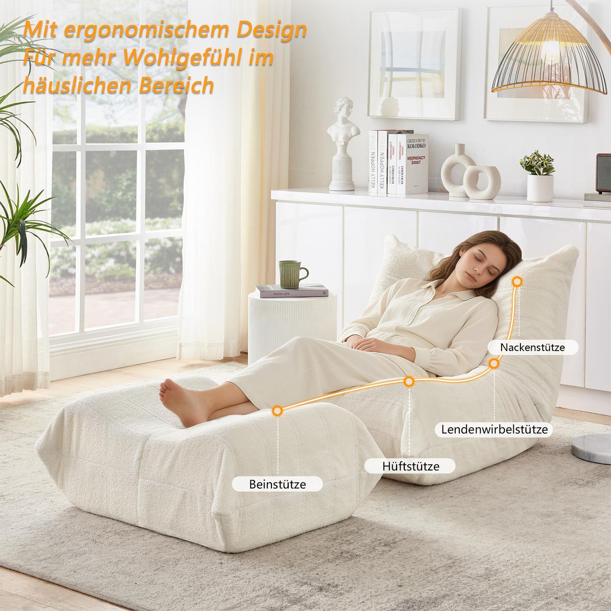LAZY SOFA Teddyfell Optik mit Hocker weich & ergonomisch - Beige, Textil (100/70/90cm) - Urban Meuble