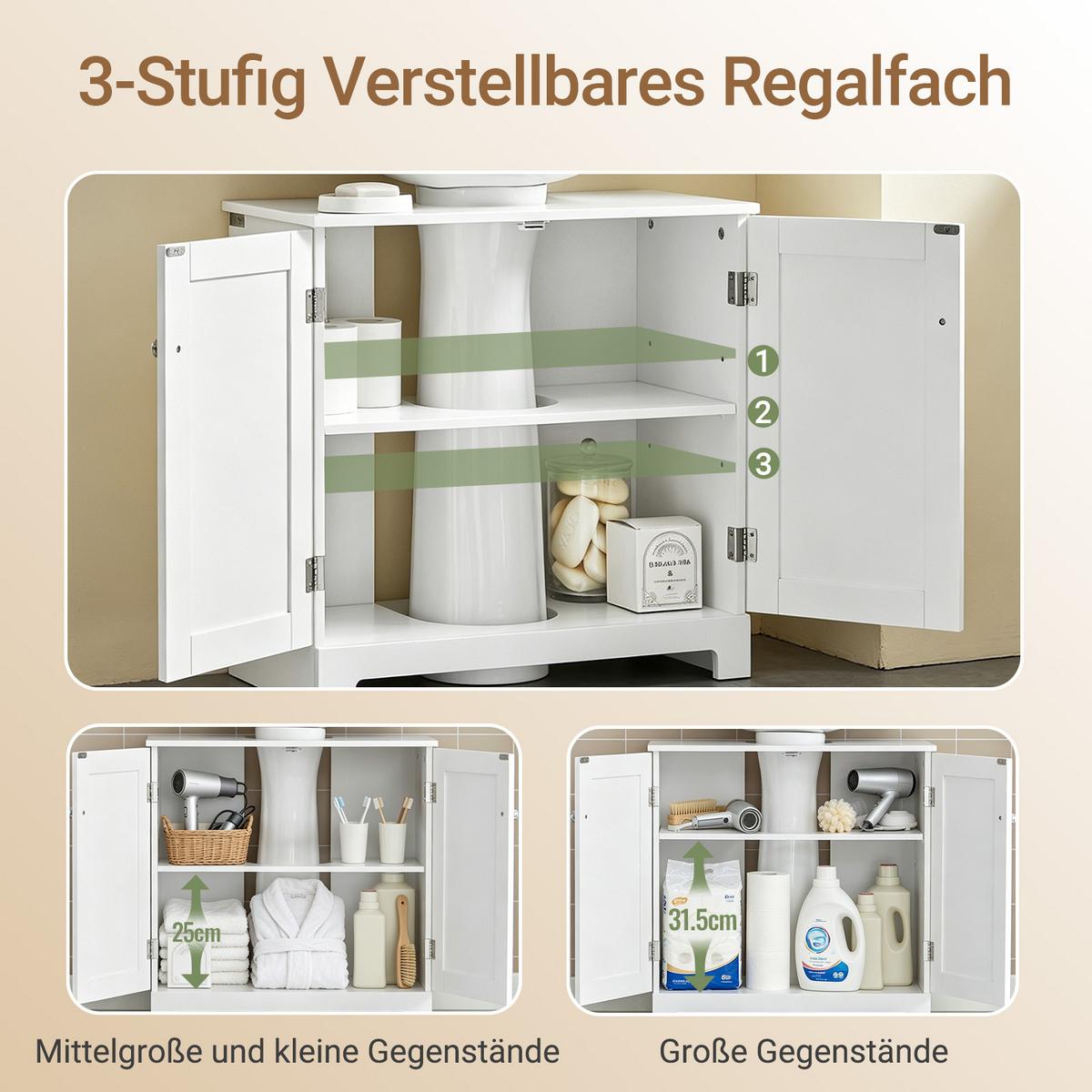 WASCHBECKEN-UNTERSCHRANK für Säulenwaschbecken, 60x60x29 cm, weiß, U-Aussparung, verstellbarer Boden, ohne Becken - Weiß, Holzwerkstoff (60/60/30cm) - SoBuy
