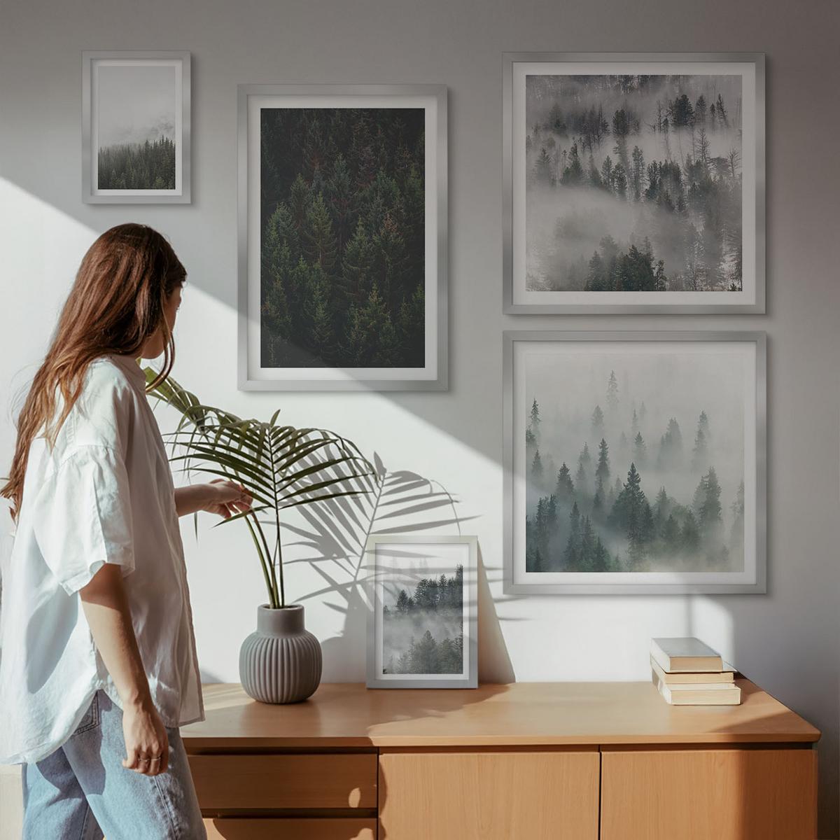 BILDER SET 5er Set - 50x50 cm & 20x30 cm & 40x60 cm Silberner Rahmen - Grüne Wälder, neblige Landschaft - Silberfarben, Kunststoff (40/60cm) - TULUP