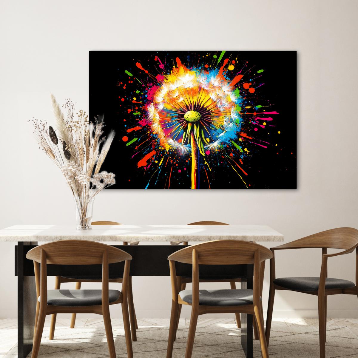 LEINWANDBILD Löwenzahn - Graffiti - Farbenfroh - Blumen - Natur Wohnzimmer Groß 120x80 cm - Multicolor, Textil (120/80cm) - MuchoWow