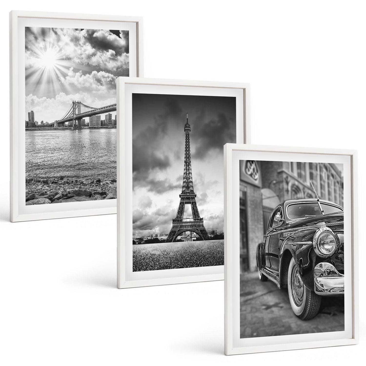 BILDER SET 3er Set - 40x60 cm Weißer Rahmen - Stadtansichten, Brücken, Eiffelturm - Weiß, Kunststoff (40/60cm) - TULUP