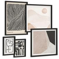 BILDER SET 5er Set - 50x50 cm & 20x30 cm & 40x60 cm Schwarzer Rahmen - Abstrakte Muster mit Linien - Schwarz, Kunststoff (40/60cm) - TULUP