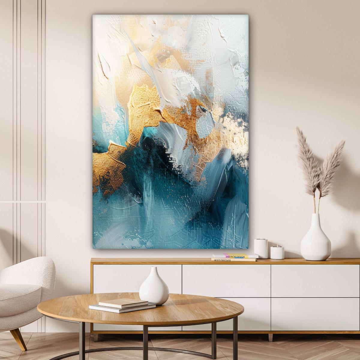 LEINWANDBILD Abstrakt - Kunst - Gold - Blau Deko Groß 90x140 cm - Petrol, Textil (90/140cm) - MuchoWow