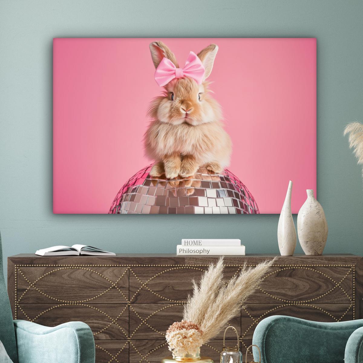 LEINWANDBILD Schleife - Discoball - Kaninchen Groß 140x90 cm - Pink, Textil (140/90cm) - MuchoWow