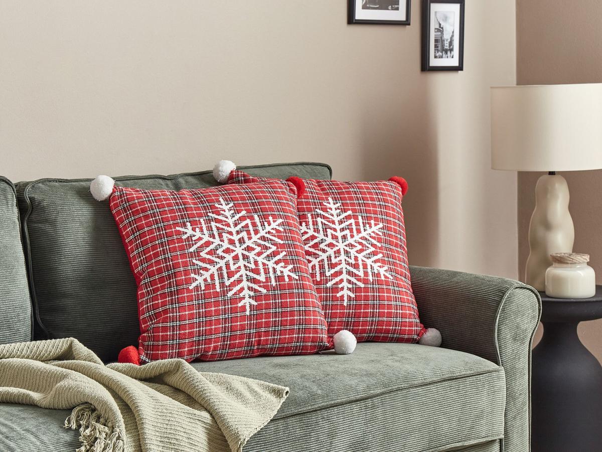 DEKOKISSEN 2er-Set Rot 45/45 cm Lonicera - Rot/Weiß, Textil (45/45cm) - Beliani