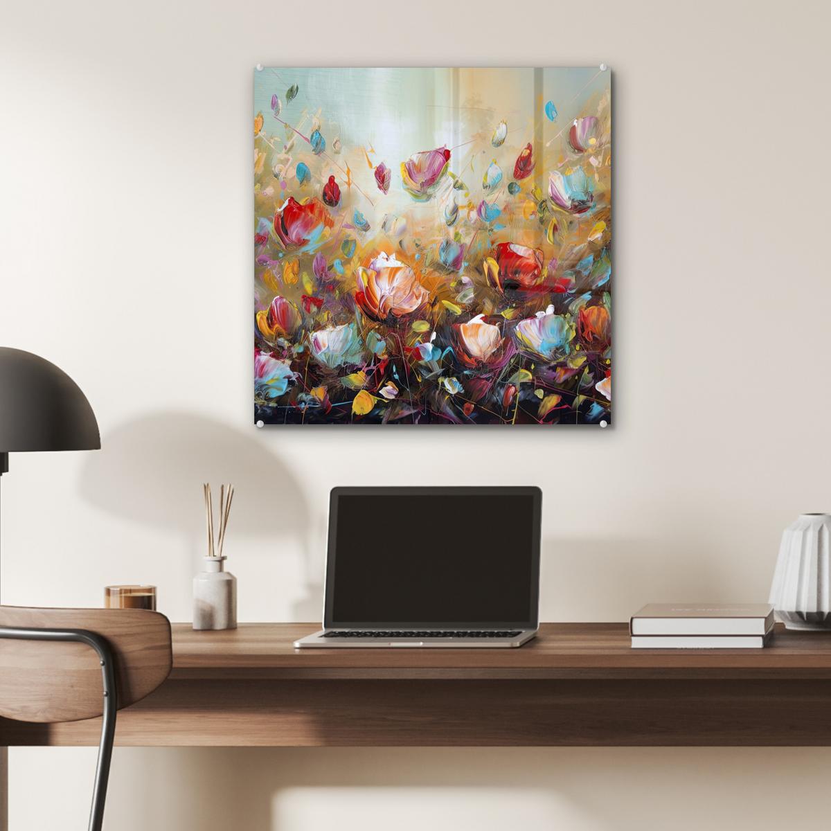 ACRYLGLASBILD Blumen - Kunst - Natur - Ölgemälde 50x50 cm - Multicolor, Glas (50/50cm) - MuchoWow