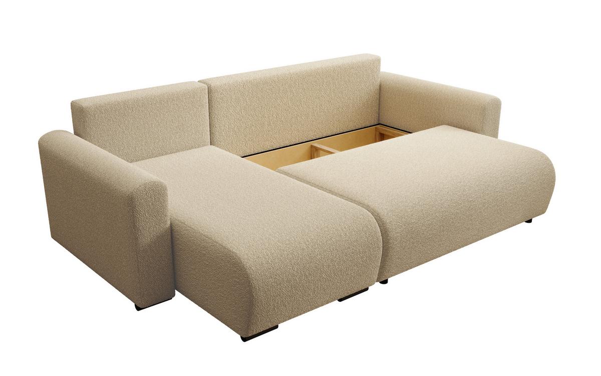 ECKSOFA DORA L, Eckcouch in L-Form mit Schlaffunktion und Bettkasten, Farbe: Creme, Bouclé-Stoff, Ottomane Links - Creme, Textil (240/143cm) - Storez24