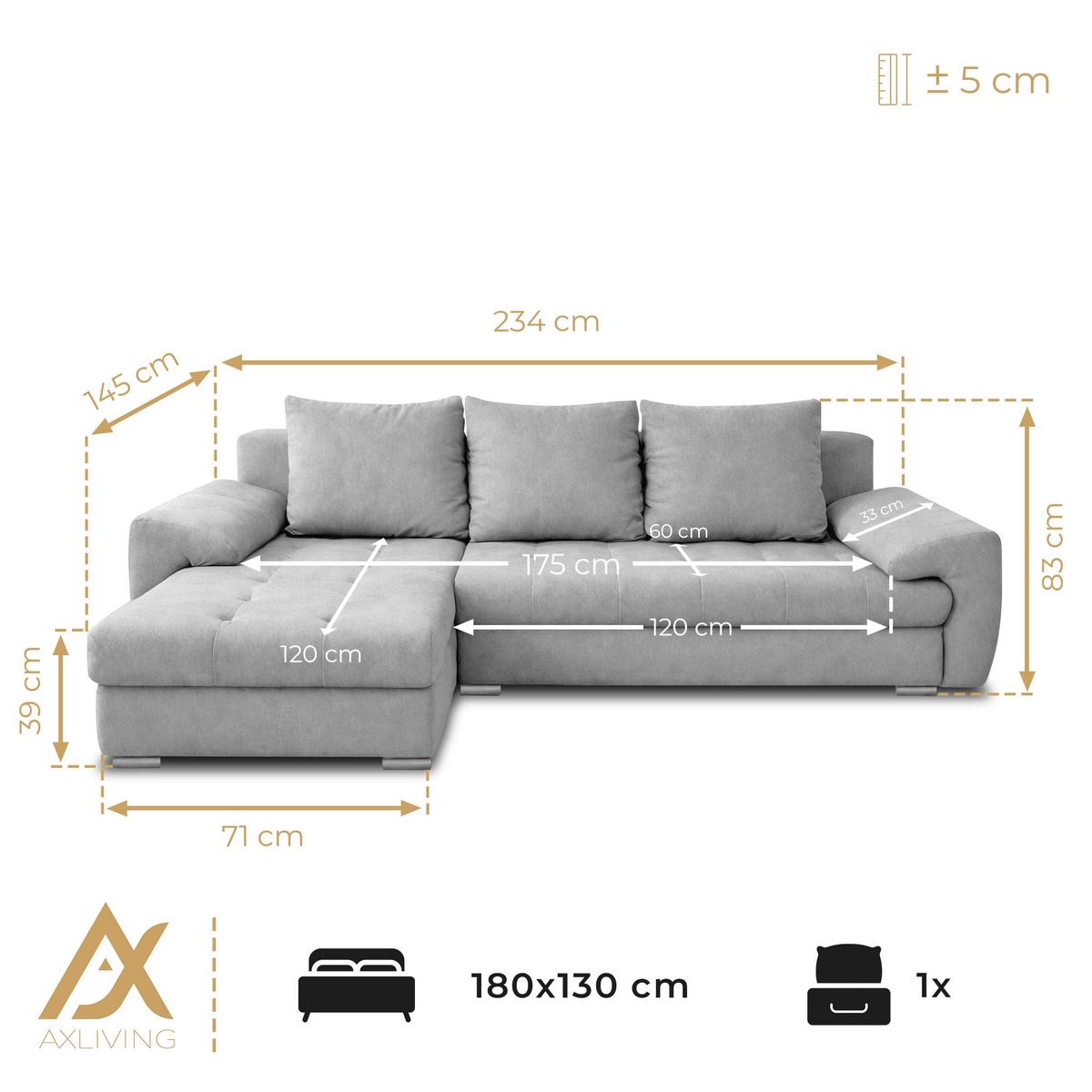 ECKSOFA L Form Manisa Hellbraun 234/145/83 cm Links mit Schlaffunktion - Hellbraun/Silberfarben, Kunststoff/Textil (145/234cm) - AX Living