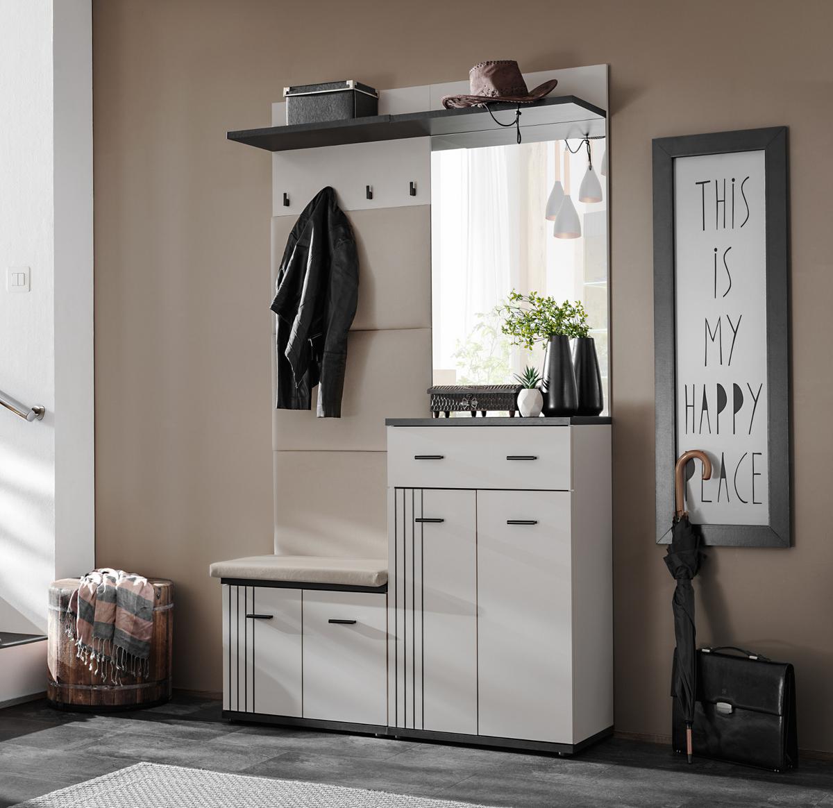 GARDEROBEN-SET Kaschmir, schwarz 4-teilig 120 cm, Flurgarderobe mit viel Stauraum - Kaschmir/Schwarz, Glas/Holzwerkstoff (120/20/32cm) - Inn.Furn