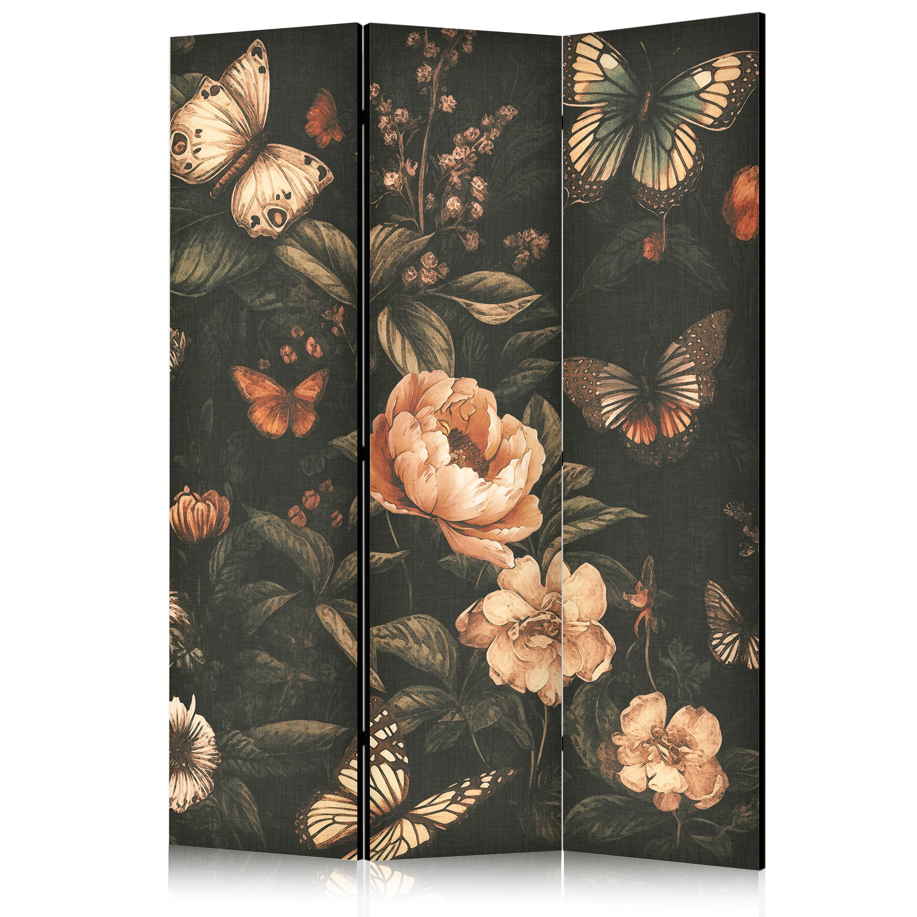PARAVENT Einseitig Bedruckter 3-tlg 135x172 cm Schmetterlinge und Blumen - Schwarz, Holz/Textil (135/172/3cm) - Muralo