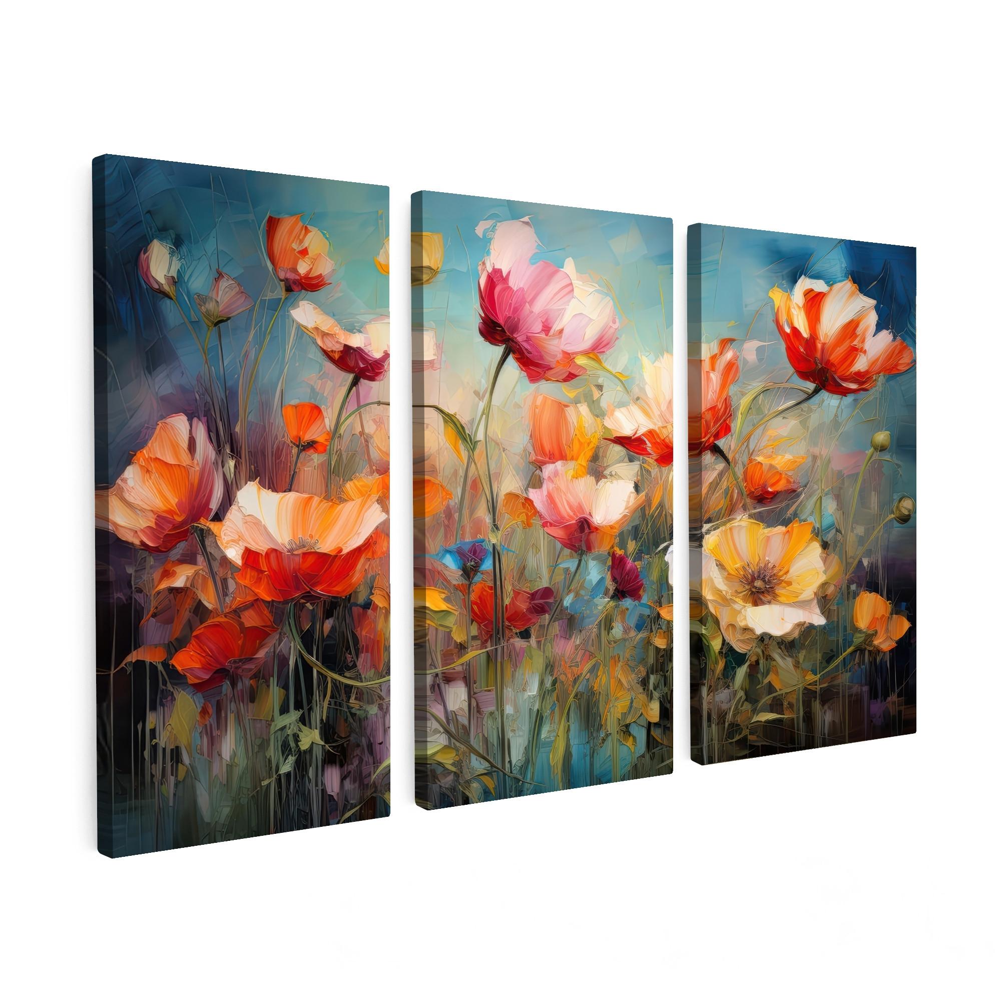 LEINWANDBILD 3er Set Blumen - Bunt - Abstrakt 60x40 cm - Blaugrau, Textil (60/40cm) - MuchoWow