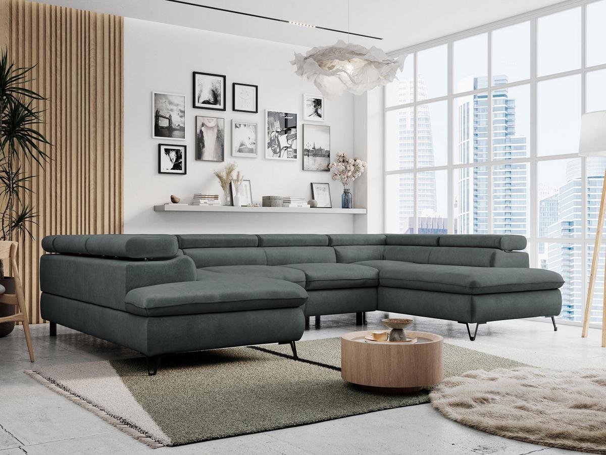 WOHNLANDSCHAFT PETER U Samt Dunkelgrau - Dunkelgrau/Schwarz, Textil/Metall (346/76/208cm) - MKS
