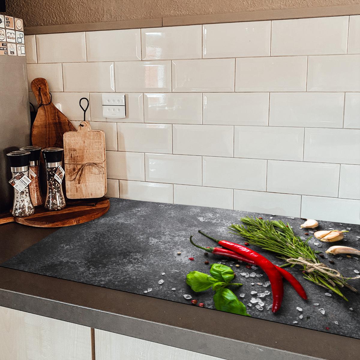 HERDABDECKPLATTE Pfeffer - Kräuter - Gewürze - Beton Ceranfeldabdeckung 90x52 cm - Rot, Kunststoff (90/52/0.2cm) - MuchoWow
