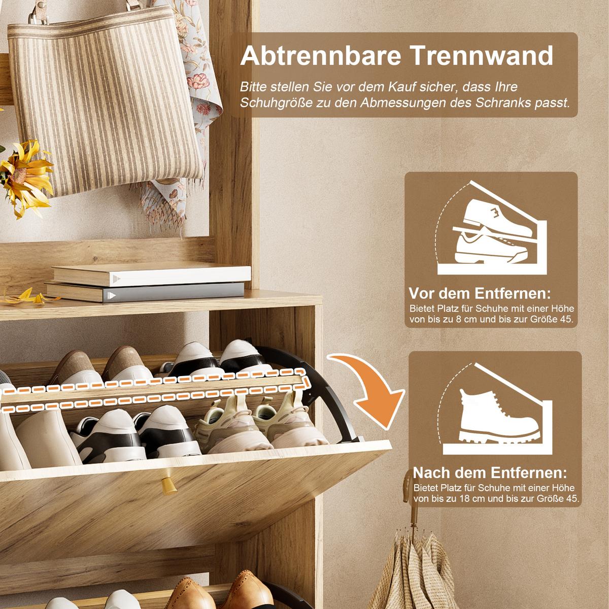 SCHUHSCHRANK mit schuhschrank, 3 klappfächer und garderobenhaken - Naturfarben, Holzwerkstoff (75/180/24cm) - Urban Meuble