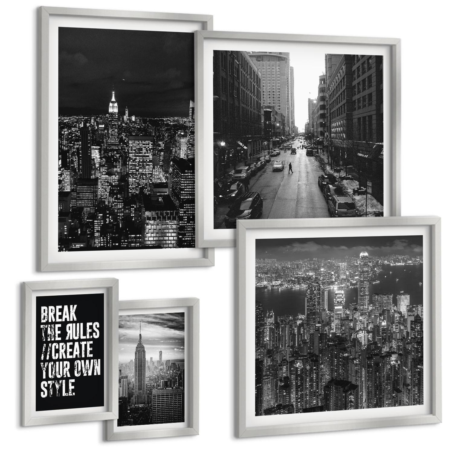 BILDER SET 5er Set - 50x50 cm & 20x30 cm & 40x60 cm Silberner Rahmen - Inspiration für Schwarz-Weiß-Darstellungen von Stadtstraßen - Silberfarben, Kunststoff (40/60cm) - TULUP
