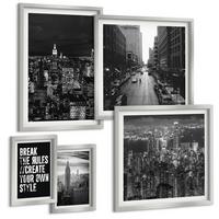 BILDER SET 5er Set - 50x50 cm & 20x30 cm & 40x60 cm Silberner Rahmen - Inspiration für Schwarz-Weiß-Darstellungen von Stadtstraßen - Silberfarben, Kunststoff (40/60cm) - TULUP