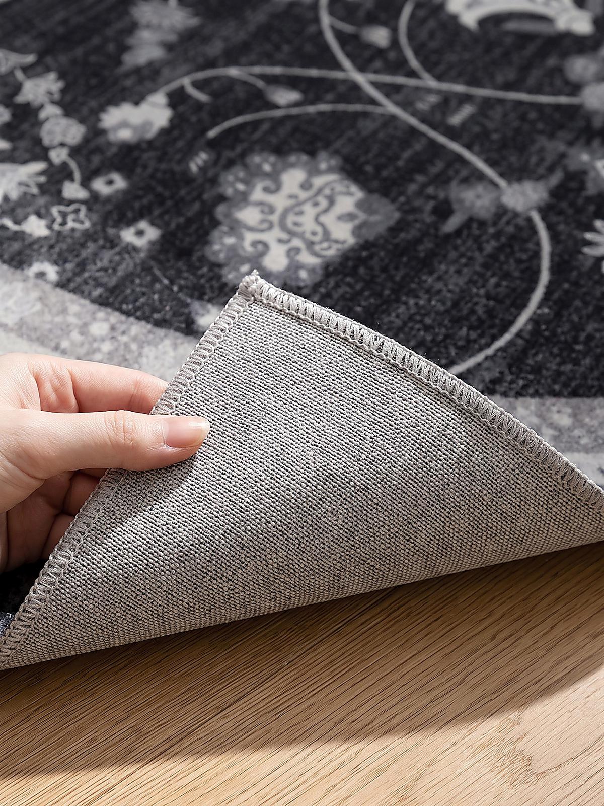 TEPPICH Kurzflor, waschbar, mit floralen Ornamenten, VERNANTE in Schwarz-Creme-Grau, Ø 120 cm - Schwarz, Textil (120/120cm) - KADIMA DESIGN