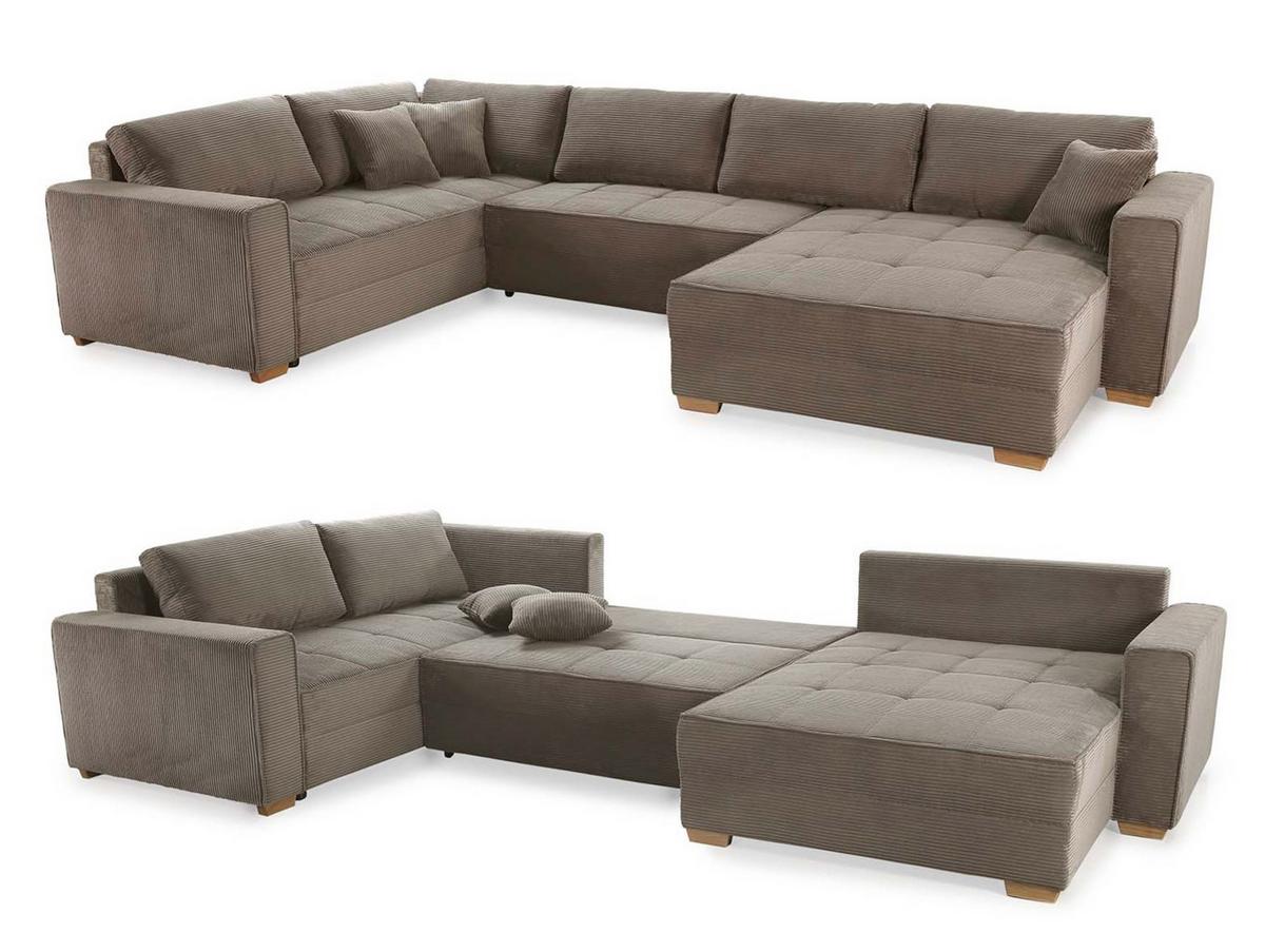 WOHNLANDSCHAFT Schlaffunktion Bettkasten Wellenunterfederung, spiegelverkehrt montierbar U-Form B379/T227/H86 cm, Cord Braun Taupe / 15197 - Eichefarben/Braun, Holz/Textil (379/86/227cm) - luma-home