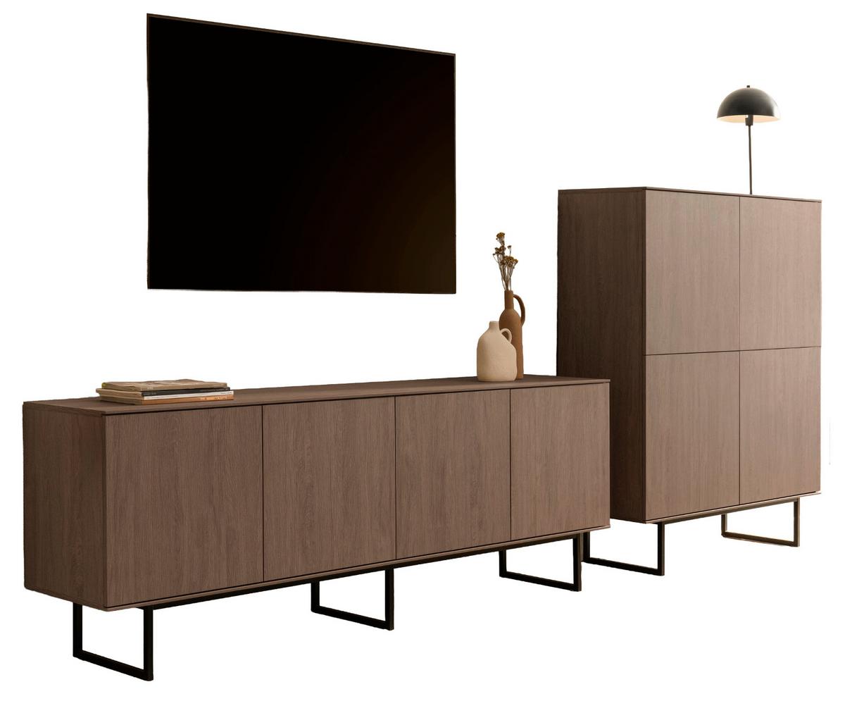 WOHNWAND in Nussbaum 2-teilig 330 cm, Komplett-Set mit Push-to-Open - Nussbaumfarben/Schwarz, Holzwerkstoff/Metall (330/137/40cm) - Furn.Design