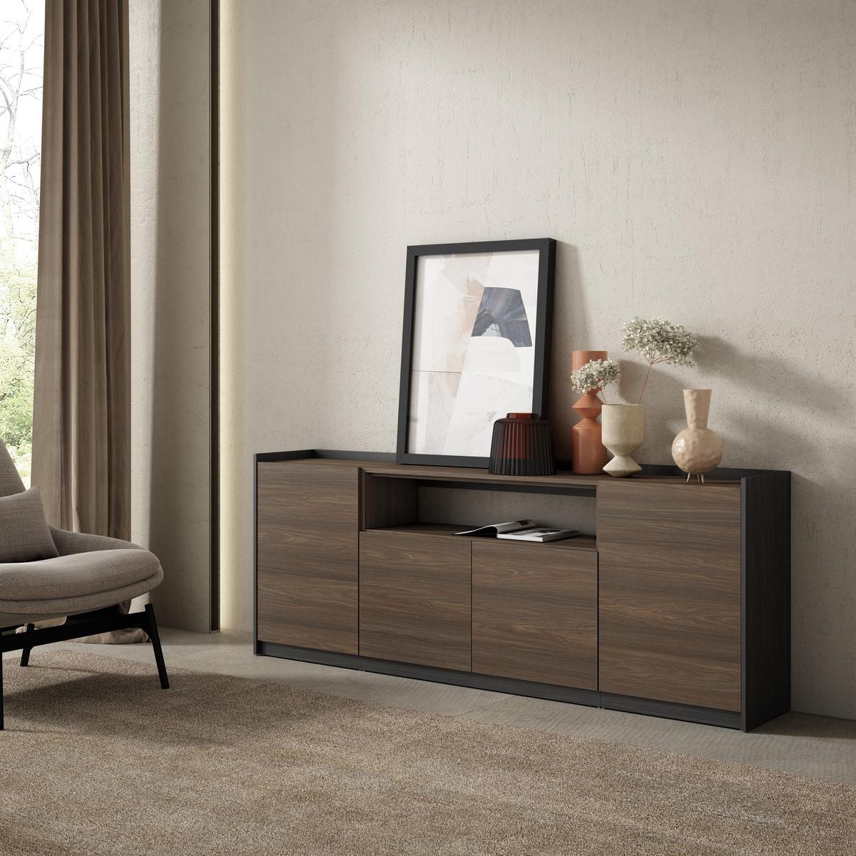 SIDEBOARD, Highboard, Dunkler Eiche und Schwarz, 207/37/80cm - Hellbraun, Holzwerkstoff (207/80/37cm) - Skraut Home