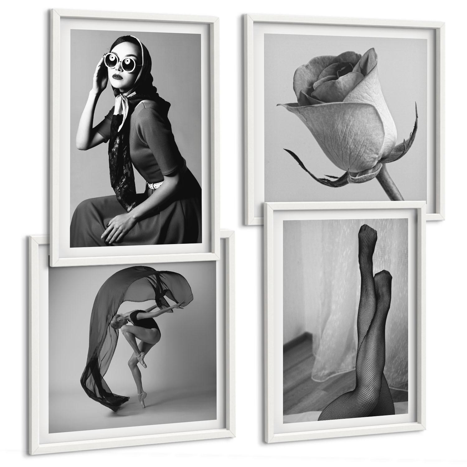 BILDER SET 4er Set - 50x50 cm & 40x60 cm Weißer Rahmen - Stilvolle Porträts eleganter Frauen - Weiß, Kunststoff (50/50cm) - TULUP