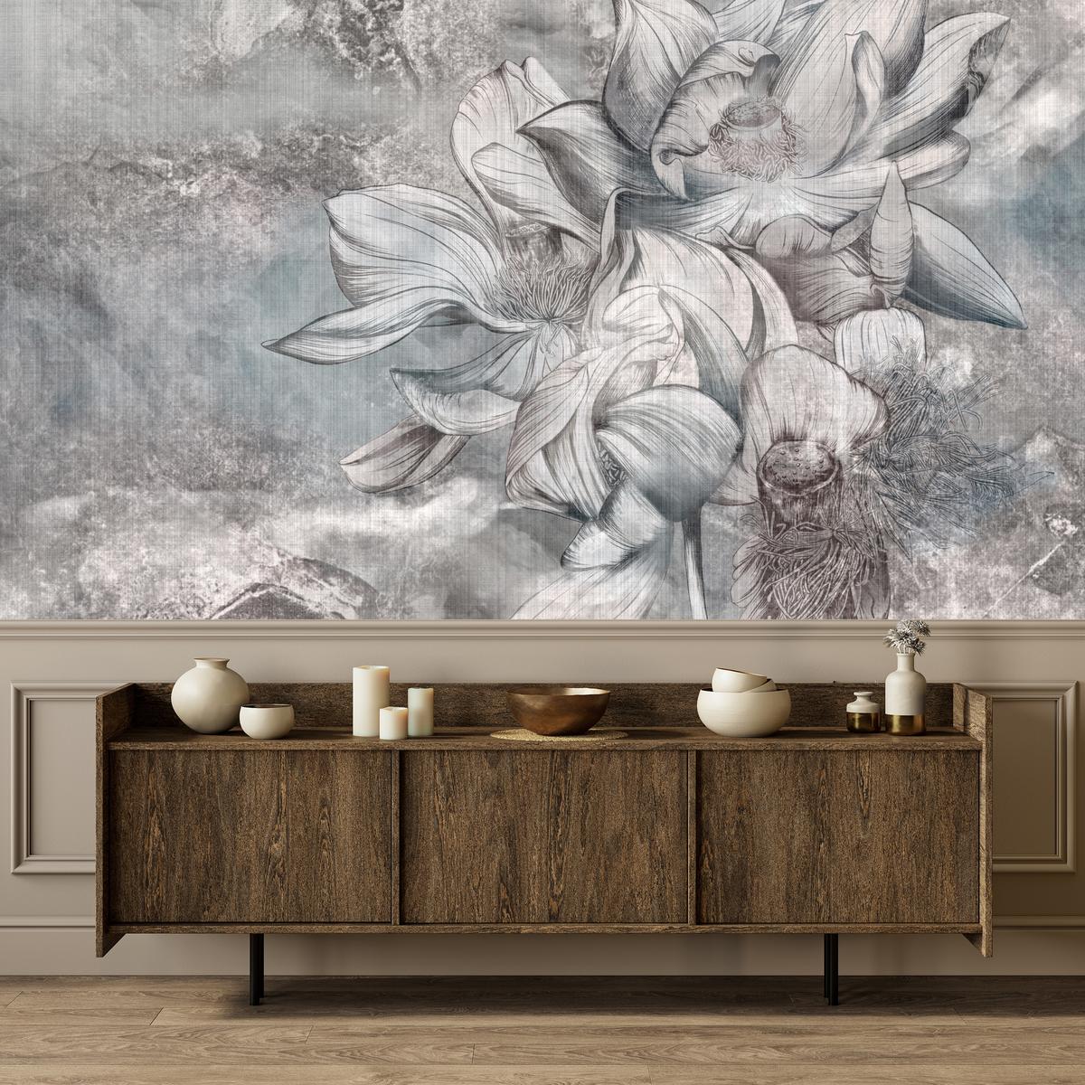 FOTOTAPETE für Wohnzimmer Wunderschöne Blume Betonwand Retro 200x140 - Grau, Papier (200/140cm) - Muralo