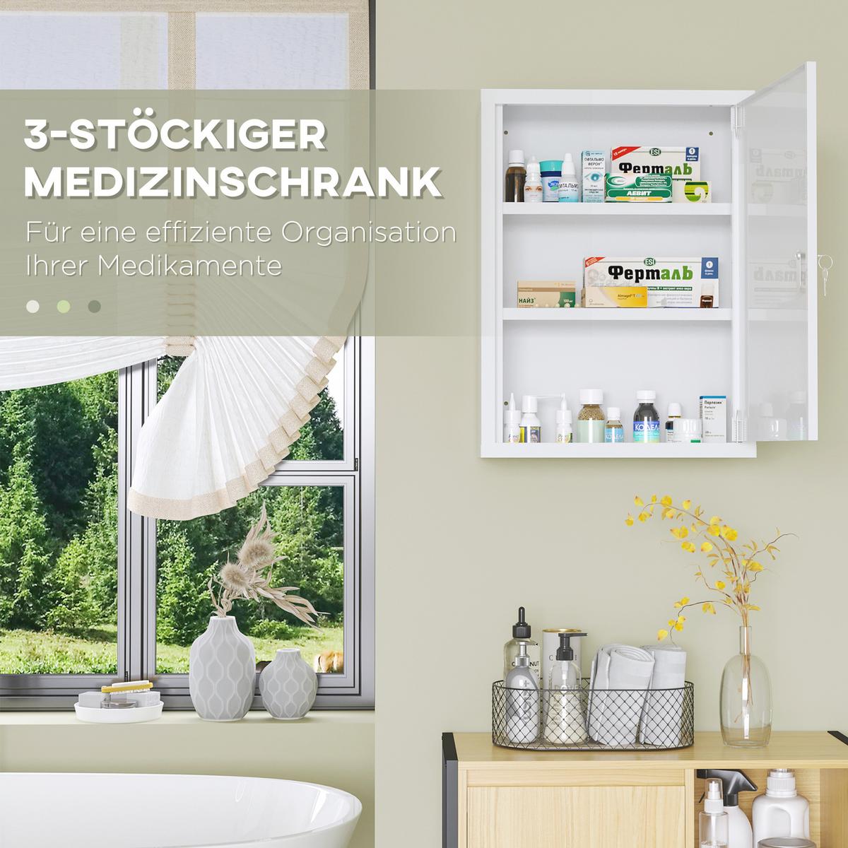 MEDIZINSCHRANK, Apothekerschrank mit 3 Fächern, 2 Schlüsseln Abschließbar, Stahl - Weiß, Metall (40/53.5/15cm) - Kleankin