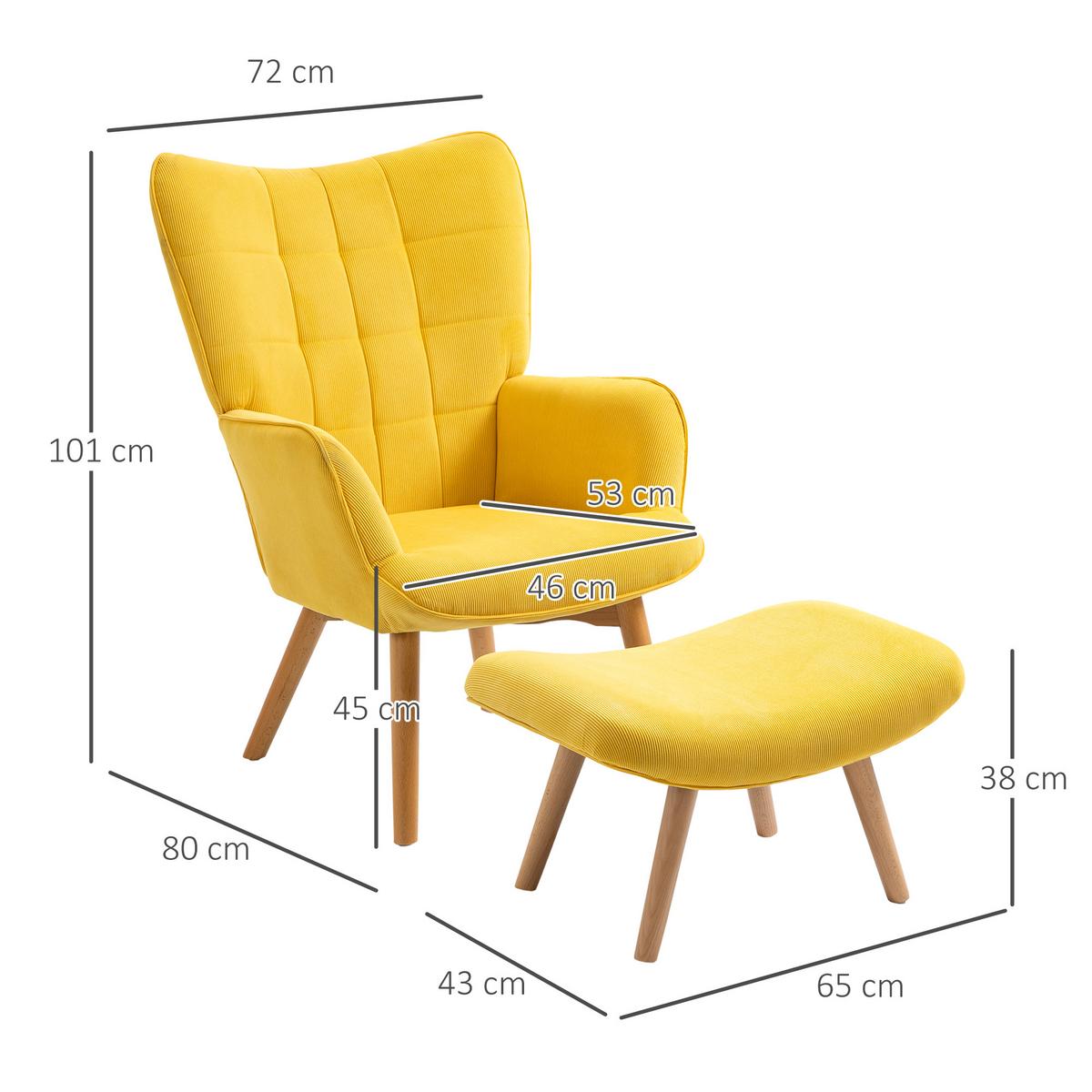 OHRENSESSEL mit Hocker, Relaxsessel, Polstersessel in Cord-Optik, mit Holzbeine - Gelb/Buchefarben, Holz/Buchenholz (80/101/72cm) - HOMCOM