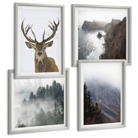 BILDER SET 4er Set - 50x50 cm & 40x60 cm Silberner Rahmen - Berglandschaft Nebel Hirsch - Silberfarben, Kunststoff (50/50cm) - TULUP