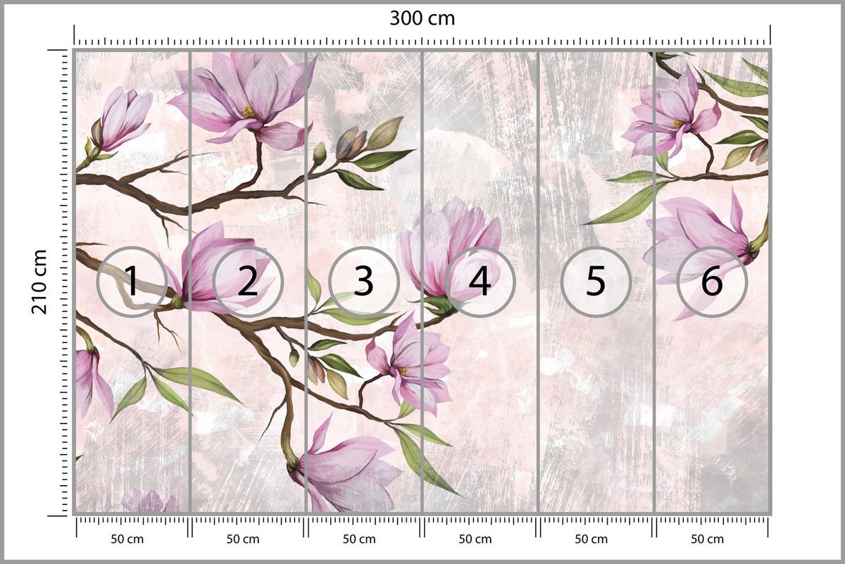 FOTOTAPETE für Schlafzimmer Rosa Magnolienblüten Botanisch 300x210 - Beige/Violett, Papier (300/210cm) - Muralo