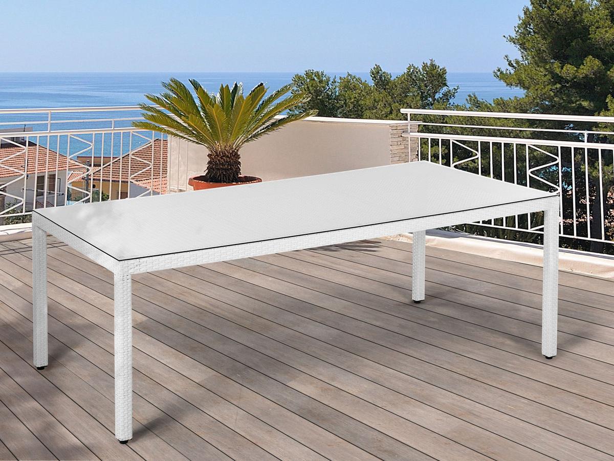 GARTENTISCH Rattan weiß Glasplatte 220/100 cm Italy - Weiß, Kunststoff (220/100/74cm) - Beliani