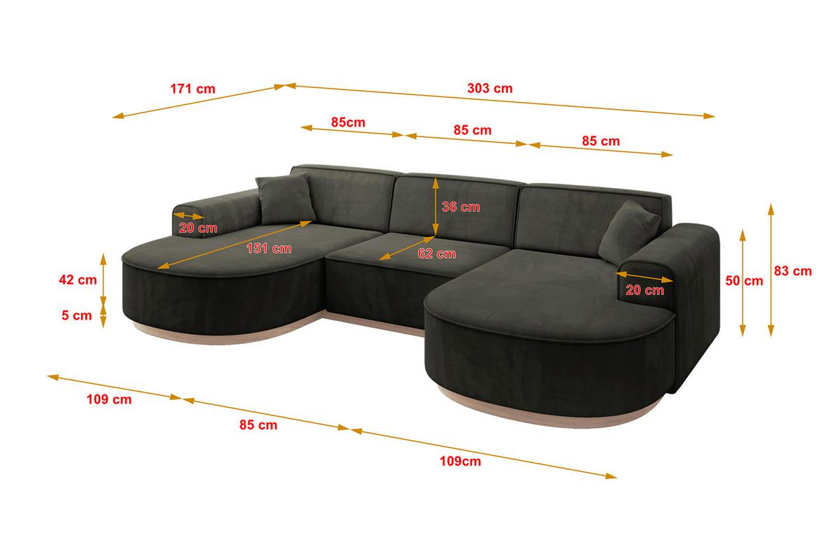 WOHNLANDSCHAFT MARI-U1-v1 - 303x171x83 cm Schwarz Velours - Schwarz, Holzwerkstoff/Textil (303/83/171cm) - ALTDECOR