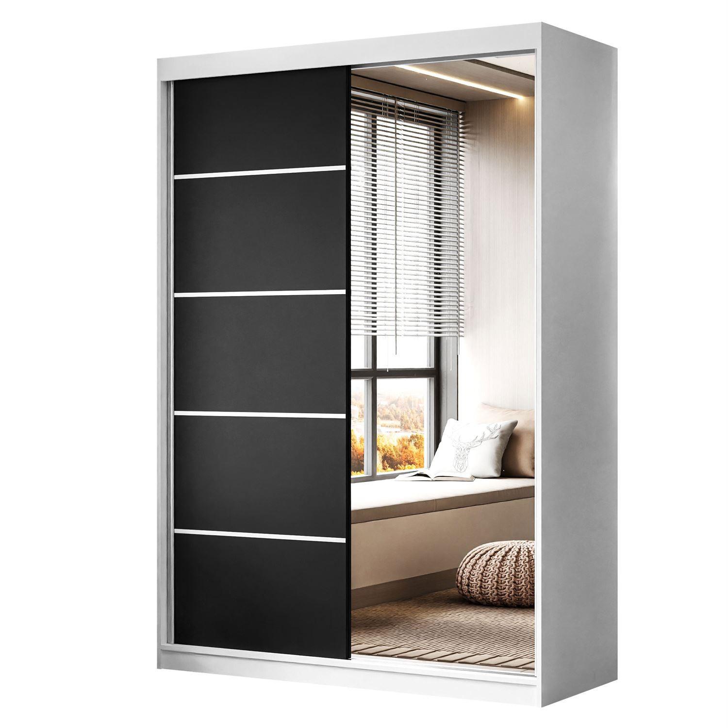 KLEIDERSCHRANK CAMARO II PLUS 150 cm mit Spiegel Schiebetürenschrank Weiß / Schwarz - Schwarz/Weiß, Holzwerkstoff (150/215/59cm) - Lookway