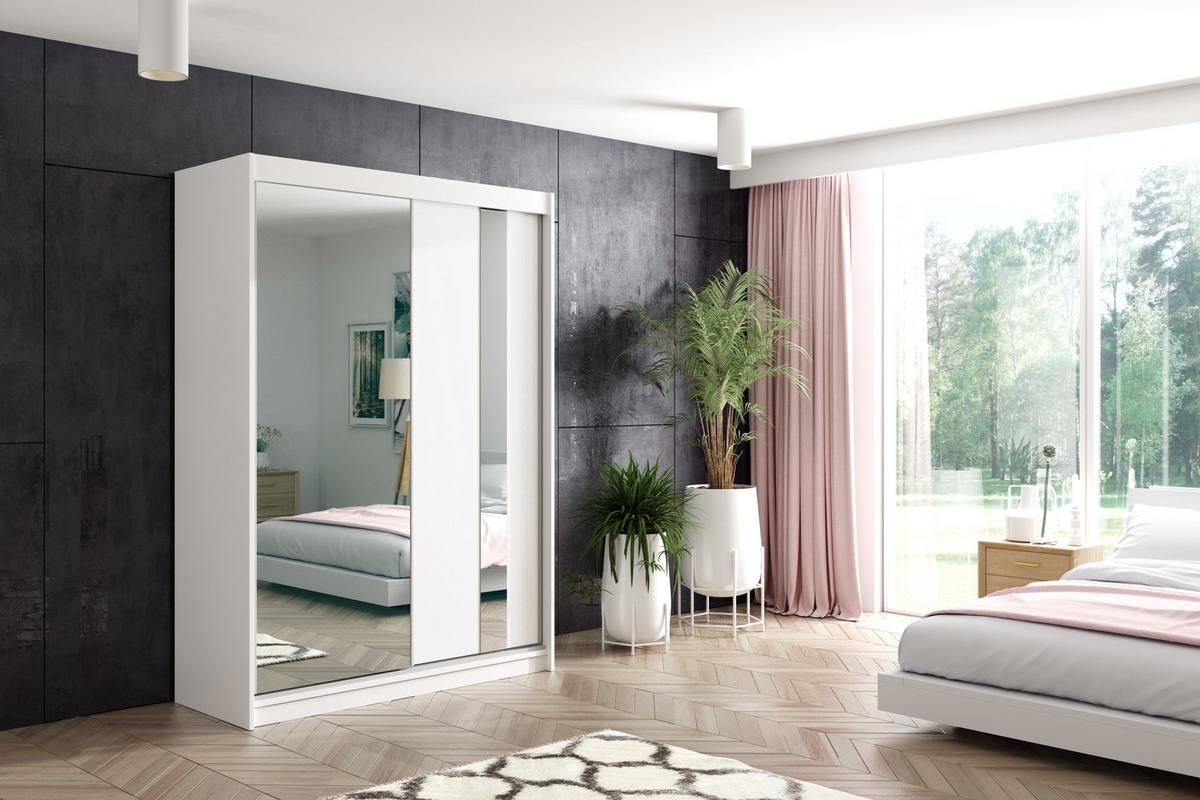 KLEIDERSCHRANK mit Spiegel-Schiebetüren und Aluminium-Leisten - GRACE - 150 cm Weiß - Weiß, Holzwerkstoff (150/216/61cm) - ALTDECOR