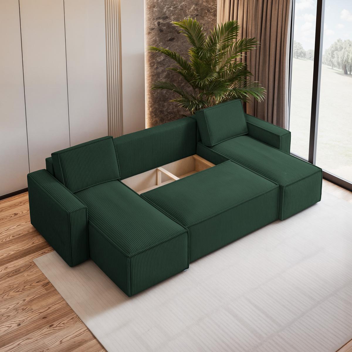 WOHNLANDSCHAFT PESANO P Grün Kordstoff mit Schlaffunktion - Grau/Grün, Holz/Kunststoff (306/85/140cm) - MASSENO
