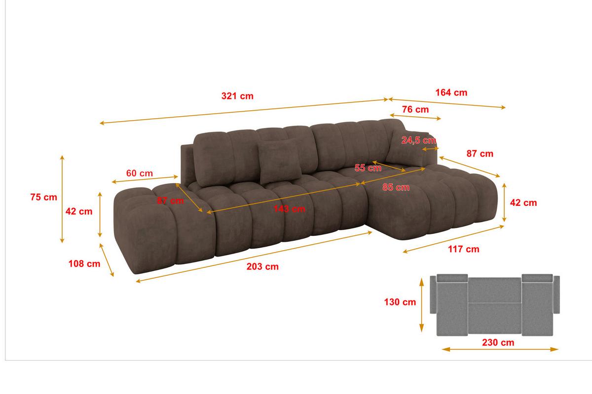 ECKSOFA mit Schlaffunktion Ottomane RECHTS OLEA-L2 321x164x75 Braun Velours - Schwarz/Bronzefarben, Holzwerkstoff/Kunststoff (164/321cm) - ALTDECOR
