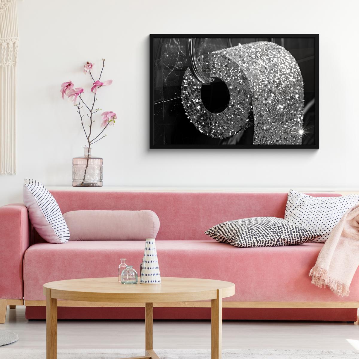 POSTER MIT RAHMENGERAHMTES BILD WC - Toilettenpapier - Schwarz und weiß - Glitter 90x60 cm - Silberfarben, Papier (90/60cm) - MuchoWow