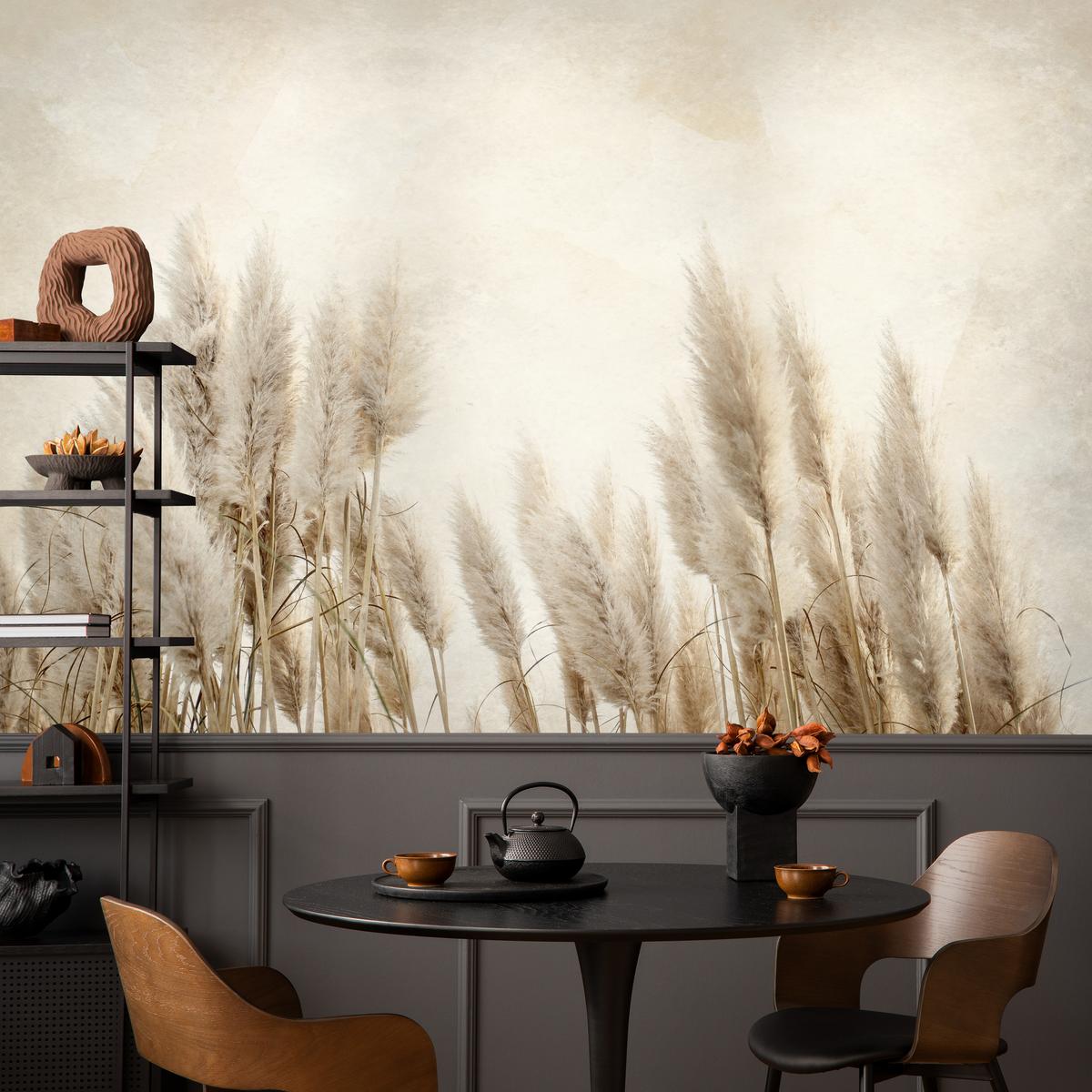 FOTOTAPETE für Schlafzimmer Boho Pampasgras Beton Pflanzen Vintage 150x105 - Beige/Braun, Papier (150/105cm) - Muralo