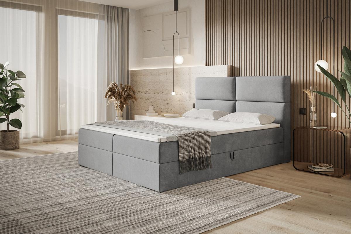 BOXBETT LIZBONA mit 2 Bettkästen, 180x200, Farbe: Grau, Velourstoff, Doppelbett mit Bonell-Matratze - Grau, Holz/Kunststoff (180/200cm) - Alpi-Möbel