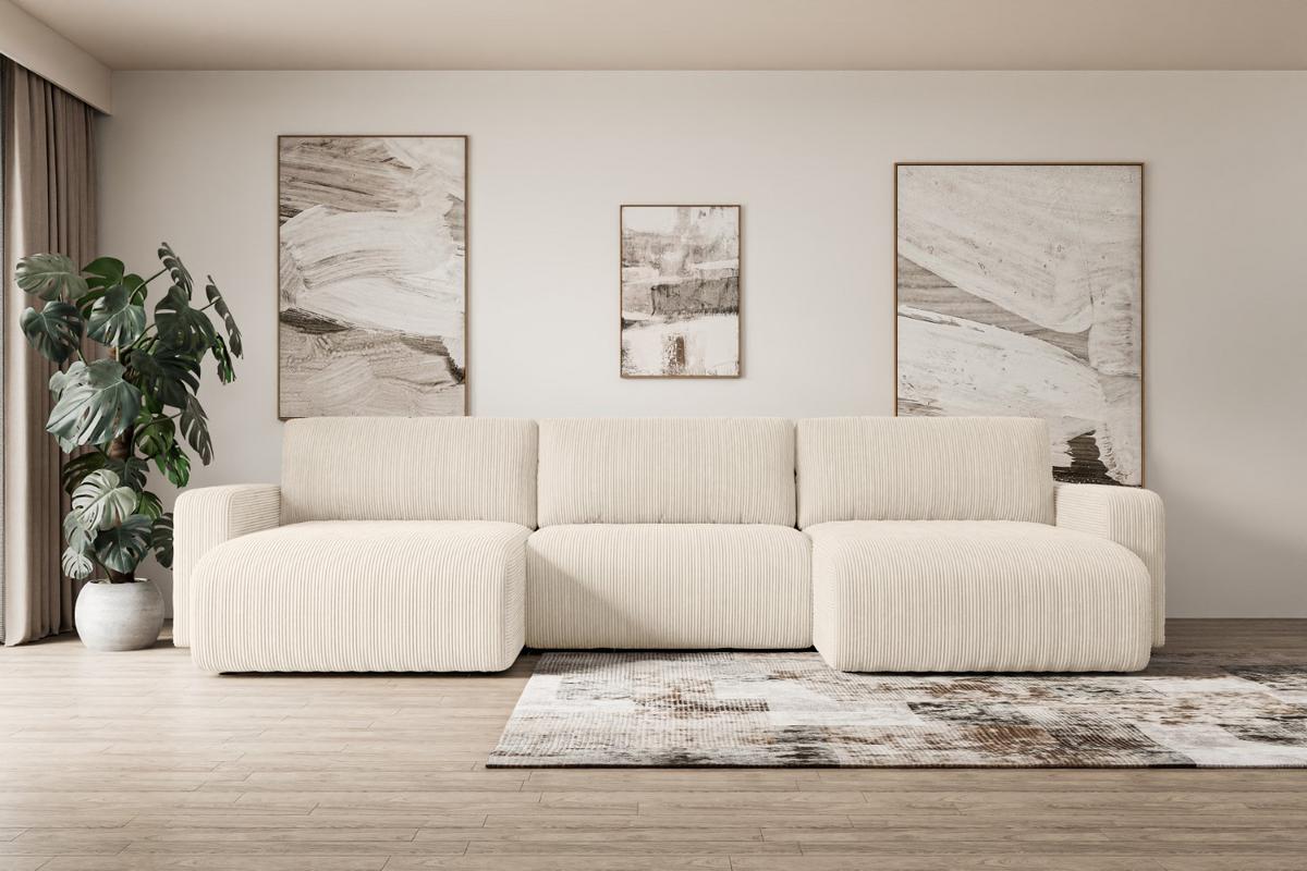 WOHNLANDSCHAFT mit Schlaffunktion und Bettkasten KLEEA-U - 347x143x83 cm Beige Cord - Beige/Schwarz, Holzwerkstoff/Kunststoff (347/83/143cm) - ALTDECOR