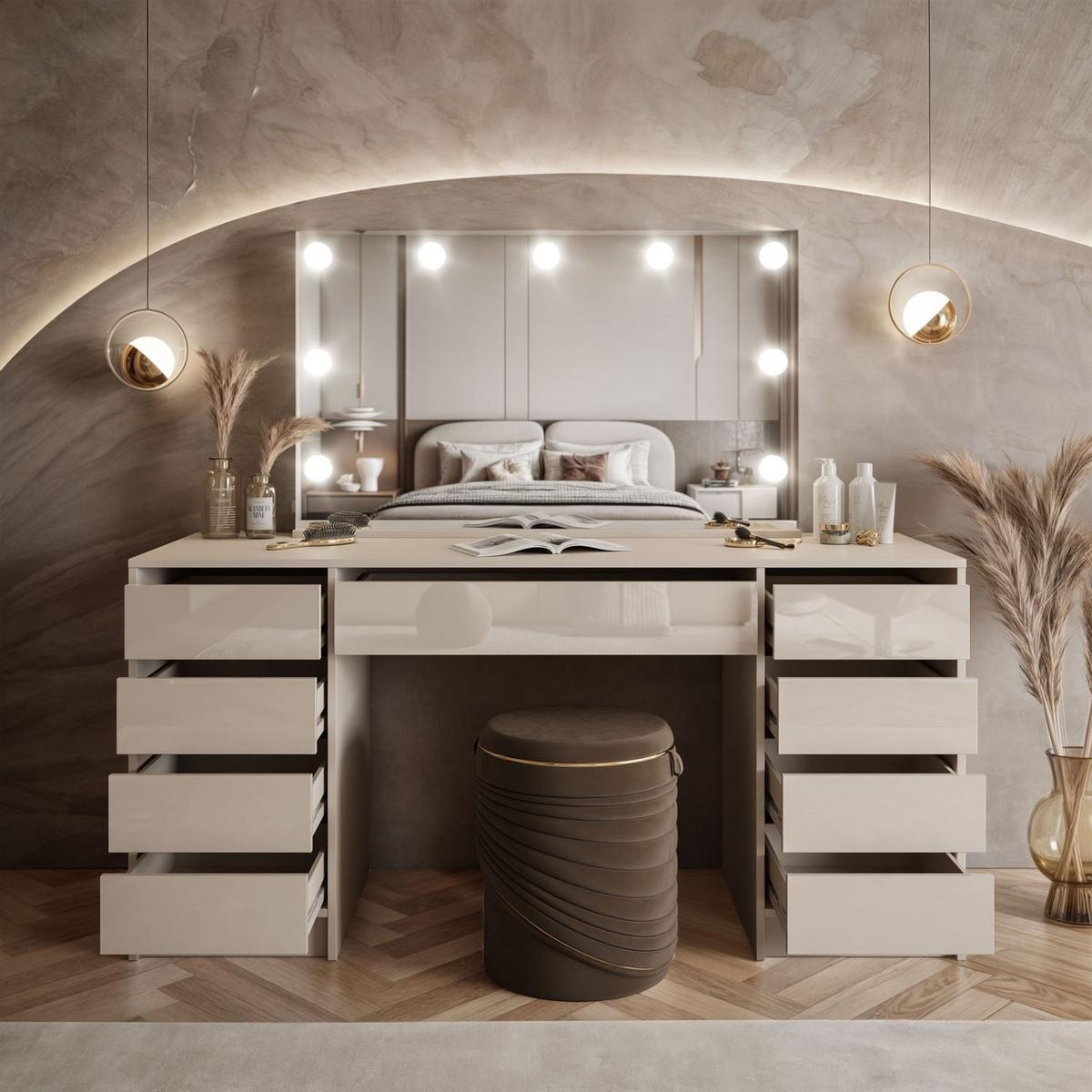 SCHMINKTISCH MADA DOUBLE ELITE mit Spiegel und Beleuchtung, Kaschmir Hochglanz - Kaschmir, Holzwerkstoff (157/75/55cm) - Lookway