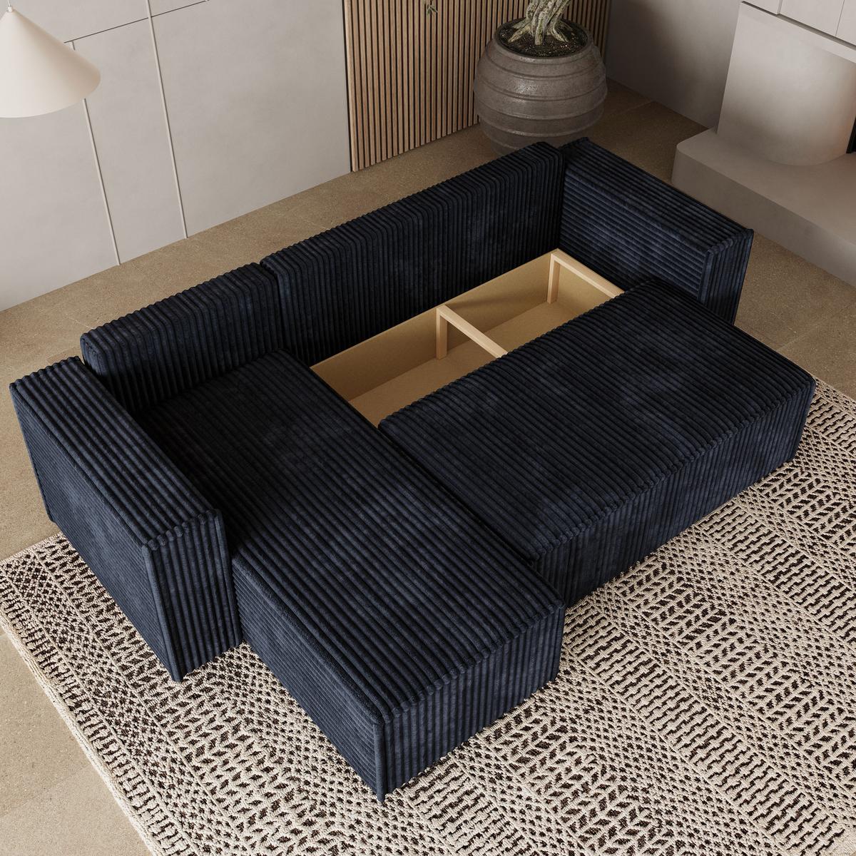 ECKSOFA RAVELO T Schwarz Kordstoff mit Schlaffunktion - Schwarz/Grau, Holz/Kunststoff (240/140cm) - MASSENO